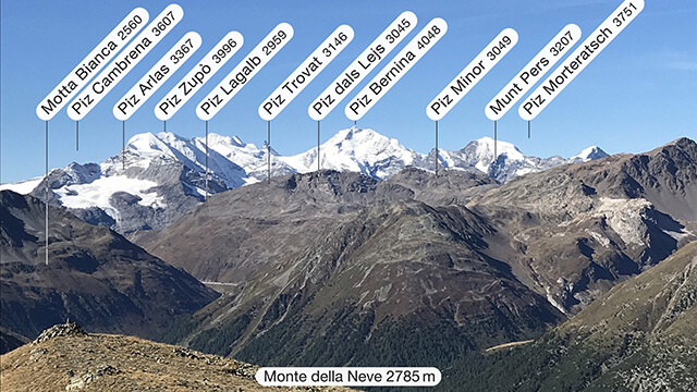 Vista dal Monte della Neve - i nomi delle montagne del Gruppo del Bernina 